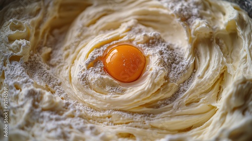   A close-up of an egg in a bowl of powdered sugar photo