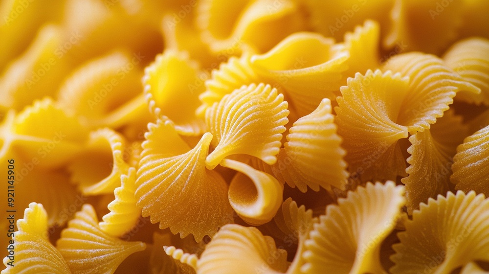 A focused image of a collection of yellow pasta shells, featuring a noodle perched atop each one A focused image of a collection of yellow pasta shells, featuring a noodle perched atop each one