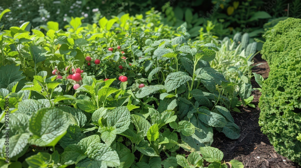 A thriving vegetable garden with an assortment of herbs, such as mint and oregano, growing alongside rows of bright red radishes A thriving vegetable garden with an assortment of herbs, such as mint and oregano, growing alongside rows of bright red radishes