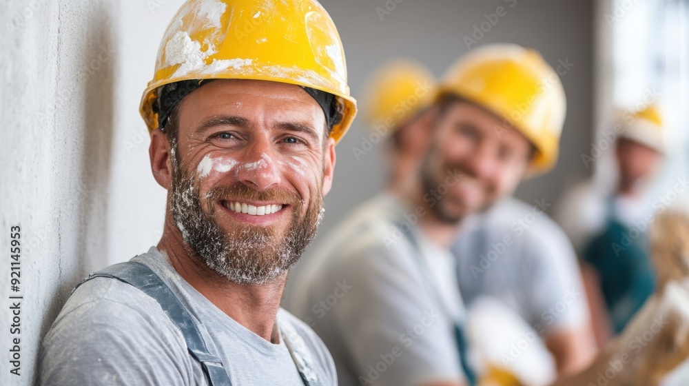 A construction worker with white paint splashes on his face and shirt smiling brightly while holding a tool, with colleagues working in the background, illustrating joy and hard work. A construction worker with white paint splashes on his face and shirt smiling brightly while holding a tool, with colleagues working in the background, illustrating joy and hard work.