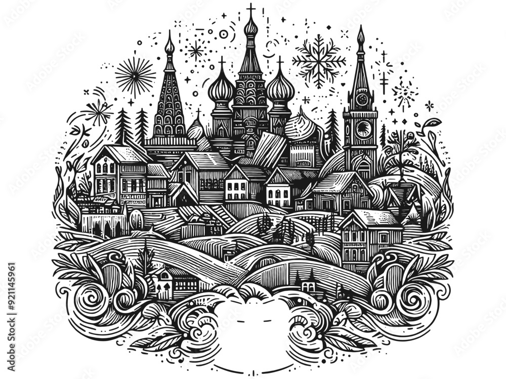 Fototapeta premium Intricate Black and White Russian Village Illustration. Generative ai vector illustration.