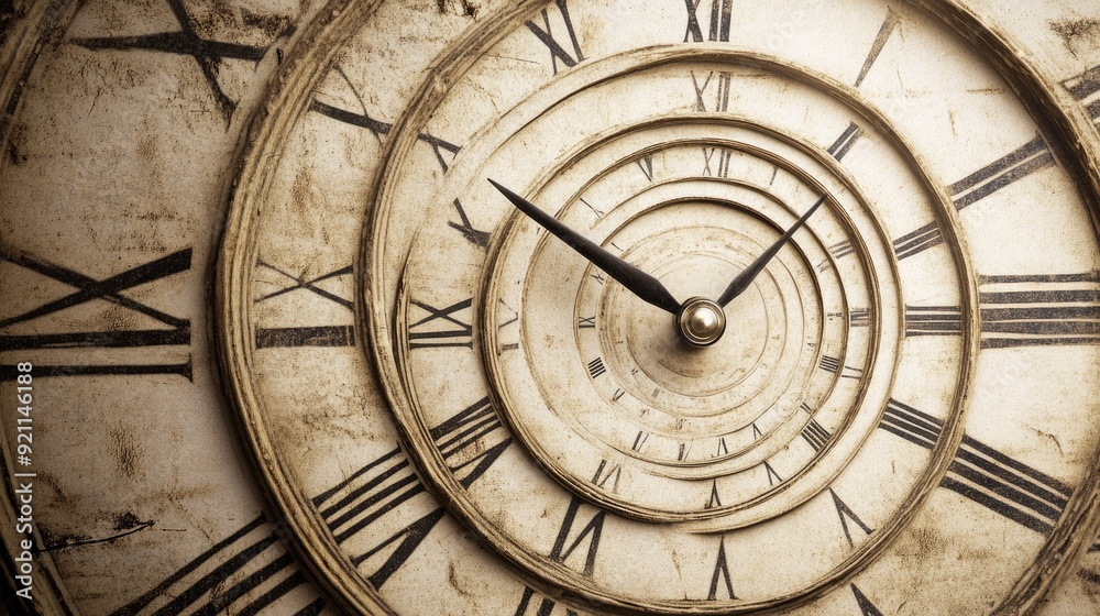 A classic clock face warping into a spiral, illustrating the never-ending nature of time, with a sepia-toned background. A classic clock face warping into a spiral, illustrating the never-ending nature of time, with a sepia-toned background.