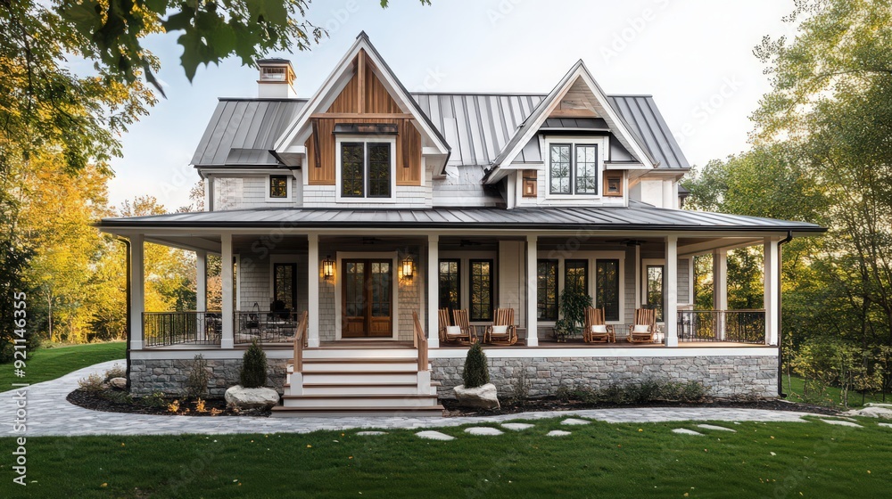 A traditional 2-storey farmhouse with a wrap-around porch, gabled roof, and a combination of wood and metal accents for a timeless appeal A traditional 2-storey farmhouse with a wrap-around porch, gabled roof, and a combination of wood and metal accents for a timeless appeal