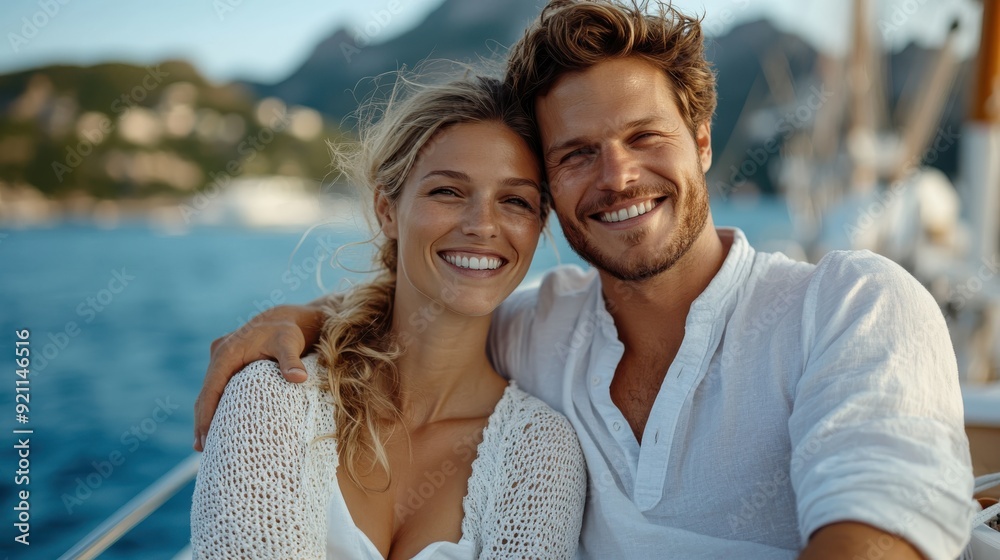 Obraz premium A cheerful couple share a heartfelt moment aboard a boat, basking in the sunlight, with picturesque mountains in the backdrop affirming the beauty of outdoor adventures together.