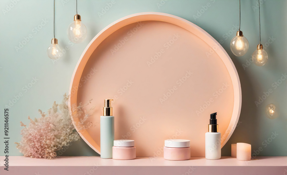 A round tray with a variety of beauty products on it