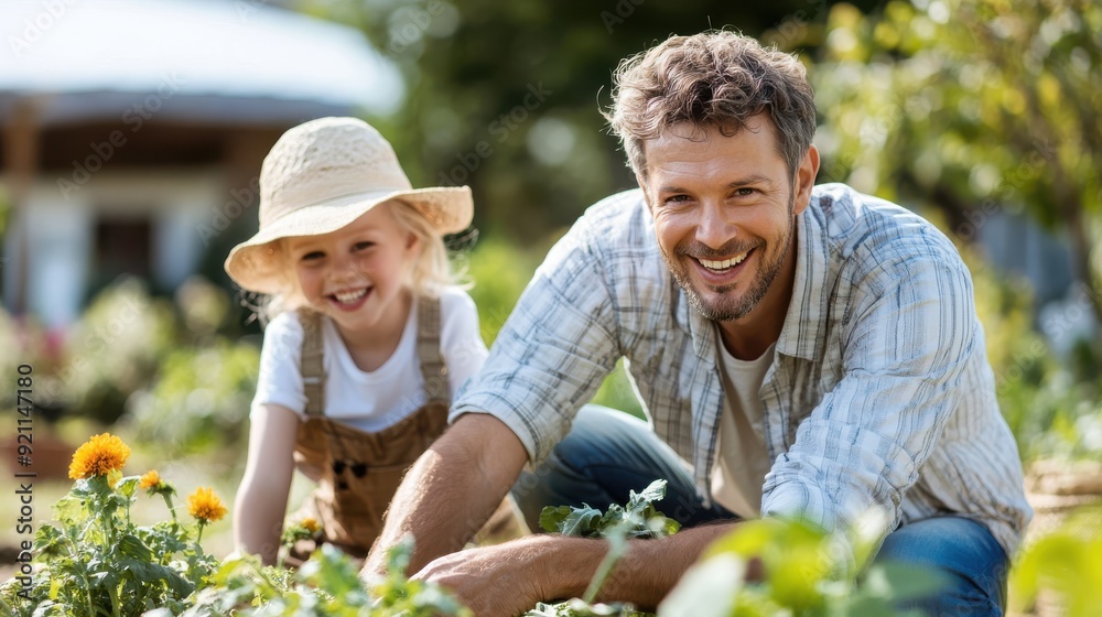 A cheerful father and daughter, dressed casually, work together in a sunny garden, smiling as they tend to their plants, enjoying the outdoors and each other's company on a warm day. A cheerful father and daughter, dressed casually, work together in a sunny garden, smiling as they tend to their plants, enjoying the outdoors and each other's company on a warm day.