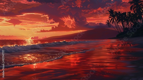 A tranquil beach scene at sunset with the sky ablaze in fiery reds and oranges,
