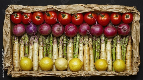  Asparagus, radishes, lemons, tomatoes, and asparagus displayed in a cardboard box