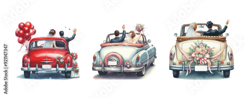 Retro wedding car, rear view, the newlyweds are sitting inside and waving their hands. Classic old car for vector illustration of weddings and invitations.