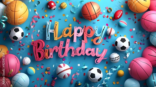 A vibrant paper art banner with "Happy Birthday" letters encircled by paper soccer balls, basketballs, and footballs, set against a lively sports-themed backdrop with confetti and balloons,