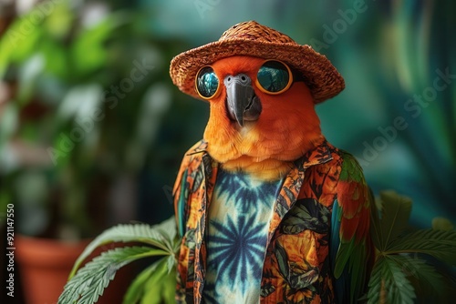 whimsical parakeet wearing oversized rasta hat and tiedye shirt perched on cannabis leaf against psychedelic green backdrop with swirling patterns photo