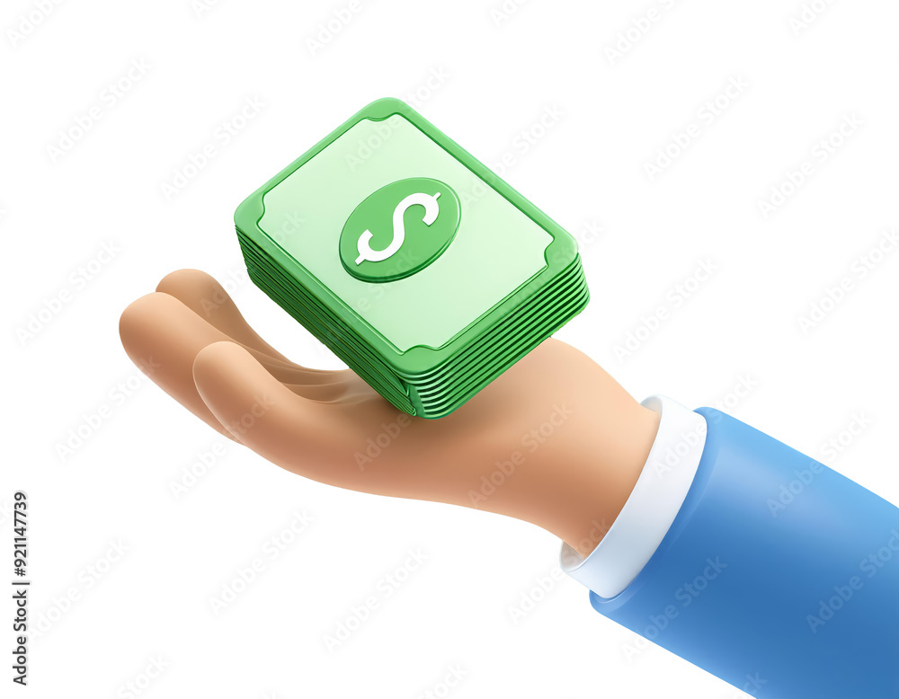 3D cartoon hand holding a stack of dollar bills, 3D render 3D cartoon hand holding a stack of dollar bills, 3D render