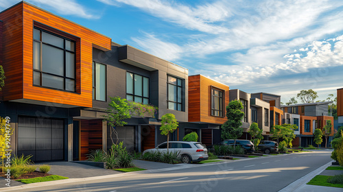 Modern modular private gray and orange townhouses. Residential architecture exterior