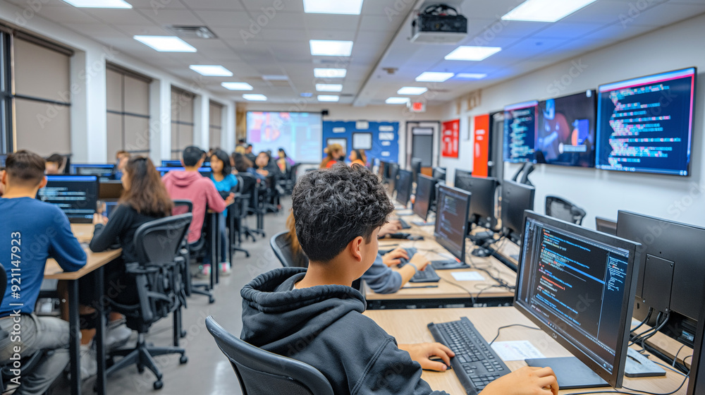 Students in a computer lab working on programming projects