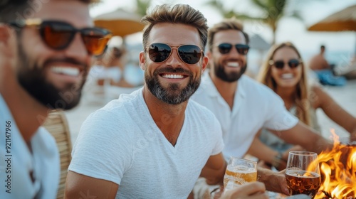 A group of friends relaxes on a sunny beach around a fire pit, with beverages in hand and smiles on their faces, enjoying a laid-back and joyful beach outing experience.