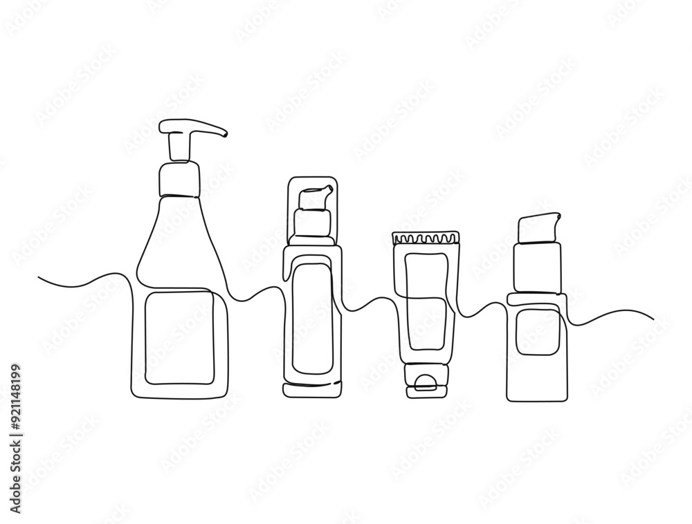 Continuous one line drawing of cosmetics bottle packaging set. Cosmetic bottles single line vector illustration. Editable line vector.