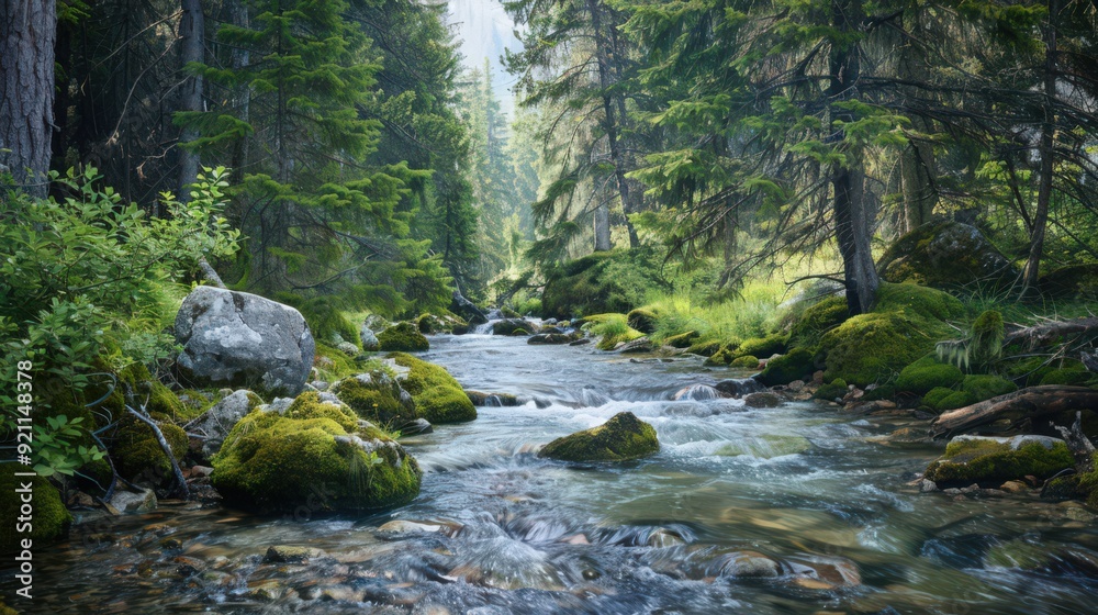 A tranquil mountain stream with clear, cold water rushing over moss-covered rocks, surrounded by towering evergreen trees.