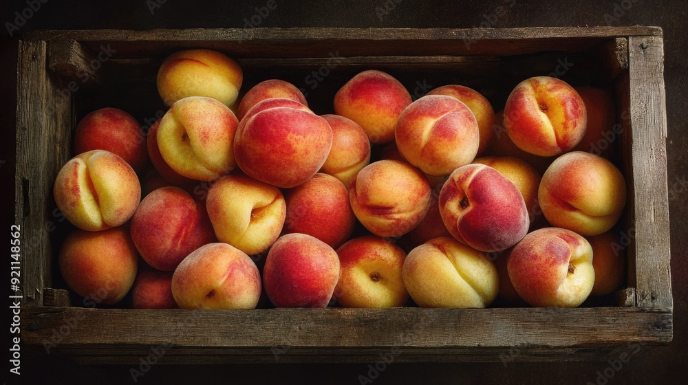 A collection of plump peaches and nectarines nestled in a rustic crate, highlighting their rich hues and textured skins. A collection of plump peaches and nectarines nestled in a rustic crate, highlighting their rich hues and textured skins.