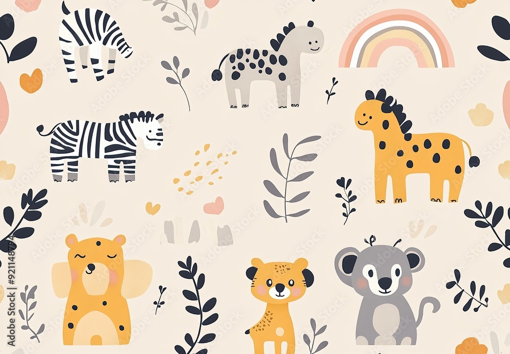 Obraz premium Cute hand drawn seamless pattern with wild animals and plants
