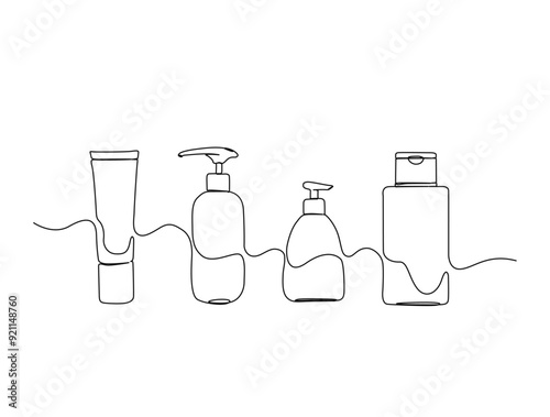 Continuous one line drawing of cosmetics bottle packaging set. Cosmetic bottles single line vector illustration. Editable line vector.