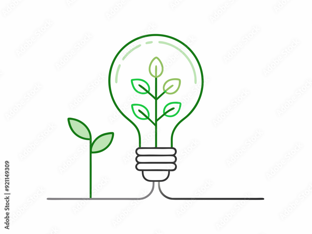 continuous single line drawing of green plant in light bulb, green energy concept line art vector illustration
