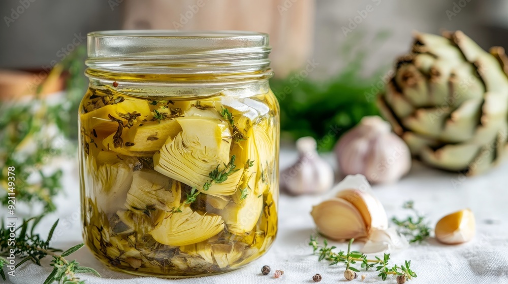 Hearts of artichokes with herbs and olive oil in a glass jar. On a white tablecloth, pickled artichokes with garlic are placed in a glass jar. homemade, healthful food Hearts of artichokes with herbs and olive oil in a glass jar. On a white tablecloth, pickled artichokes with garlic are placed in a glass jar. homemade, healthful food