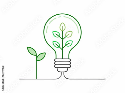 continuous single line drawing of green plant in light bulb, green energy concept line art vector illustration
