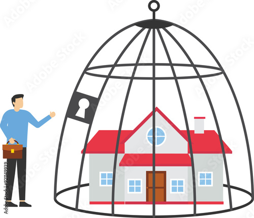 Mortgage payment problem, anxious homeowner businessman stands in a locked birdcage in his house.

