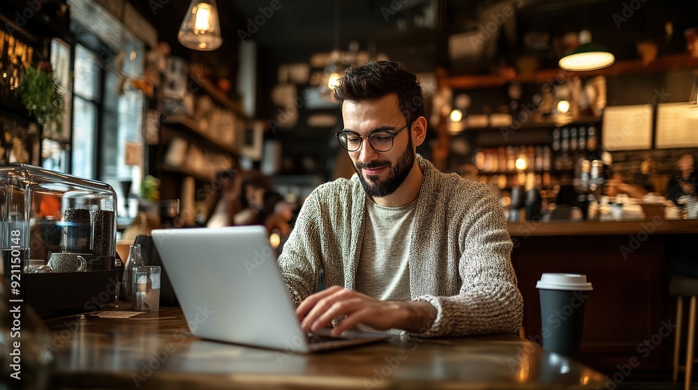 Urban Cafe Flow: Focused young professional working remotely on laptop in cozy cafe atmosphere, enjoying coffee and productivity. Urban Cafe Flow: Focused young professional working remotely on laptop in cozy cafe atmosphere, enjoying coffee and productivity.