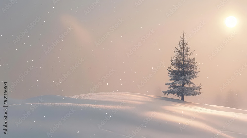 A tranquil snowscape of a snow-covered hill with a solitary pine tree, surrounded by gentle snowflakes falling softly under a pale winter sun A tranquil snowscape of a snow-covered hill with a solitary pine tree, surrounded by gentle snowflakes falling softly under a pale winter sun