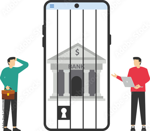 Businessman look at bank building locked inside screen smartphone. Financial sanction disconnect from SWIFT international money transfer. Flat vector illustration.

