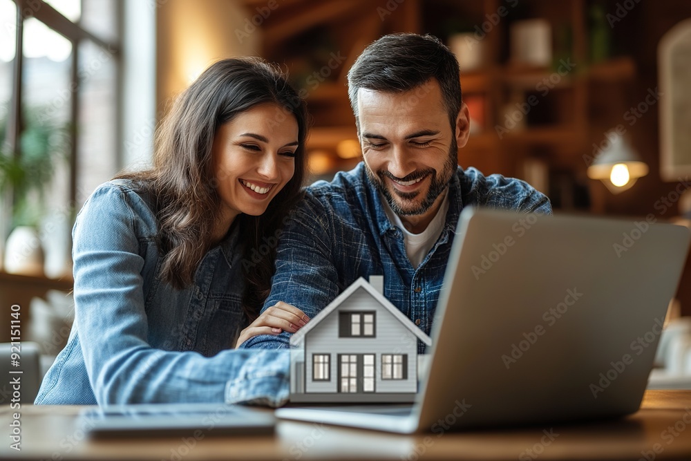Couple Smiling as Businessman Shows House Image on Laptop