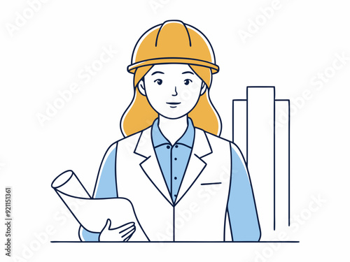 continuous single line drawing of female architect or engineer with hardhat holding construction plans, line art vector illustration
