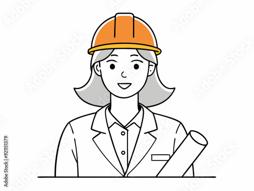 continuous single line drawing of female architect or engineer with hardhat holding construction plans, line art vector illustration 