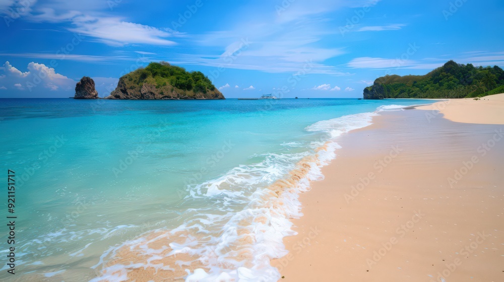 A tranquil tropical island with a beautiful sandy beach, clear blue waters, and gentle waves lapping at the shore A tranquil tropical island with a beautiful sandy beach, clear blue waters, and gentle waves lapping at the shore