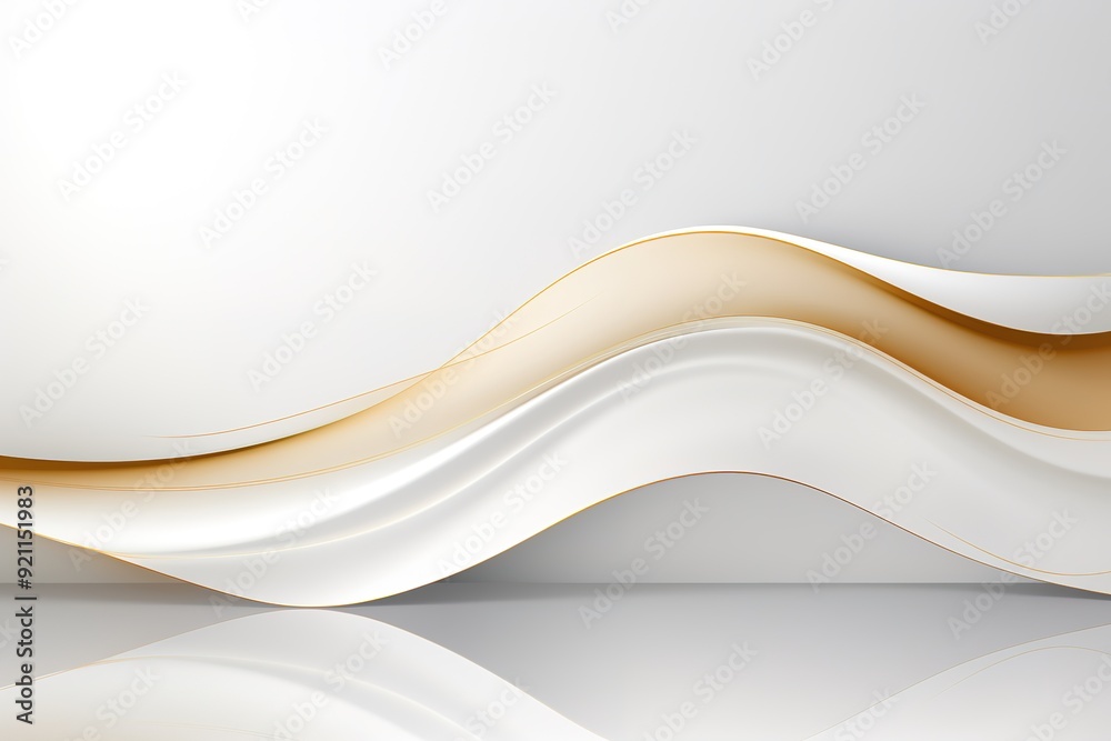 Abstract white and gold waves on a white background with reflection. Abstract white and gold waves on a white background with reflection.