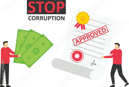 Stop bribery and corruption. Businessman gives envelope with banknotes, other man holds accepted contract. Successful bribe deal. Flat Vector illustration.


