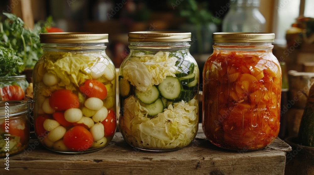 Pickled cucumbers, tomatoes, and cabbage are packaged in glass jars. jars filled with different pickled veggies. Food in a can in a rustic arrangement Pickled cucumbers, tomatoes, and cabbage are packaged in glass jars. jars filled with different pickled veggies. Food in a can in a rustic arrangement