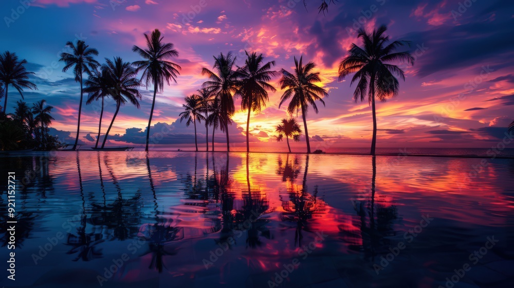 A tropical beach at sunset with a dramatic sky, colorful reflections in the water, and silhouettes A tropical beach at sunset with a dramatic sky, colorful reflections in the water, and silhouettes