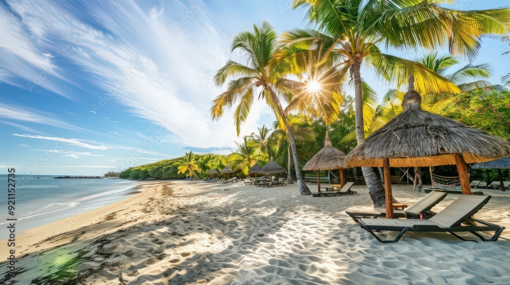 Obraz premium A tropical beach with a traditional thatched-roof hut, sun loungers on the sand, and palm trees providing shade, perfect for a relaxing day.