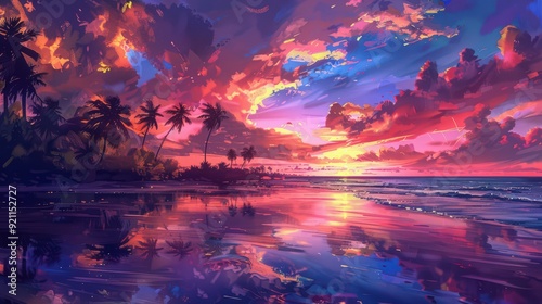 A tropical beach at sunset with a dramatic sky, colorful reflections in the water, and silhouettes
