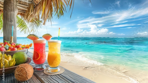 A tropical paradise beach with turquoise waters, gentle waves, and a beachside bar with colorful cocktails and tropical fruit platters.
