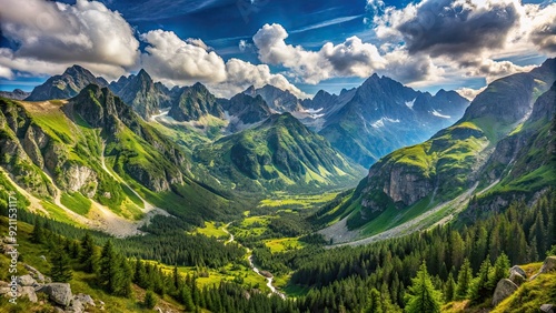 Fototapeta Naklejka Na Ścianę i Meble -  Panoramic view of a beautiful valley in the Tatra Mountains, nature, landscape, mountains, valley, scenic, panoramic, Tatra
