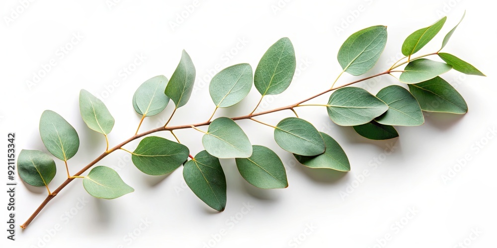 Naklejka premium Eucalyptus branch with green leaves on a white background, Eucalyptus, branch, leaves, green, fresh, plant, natural