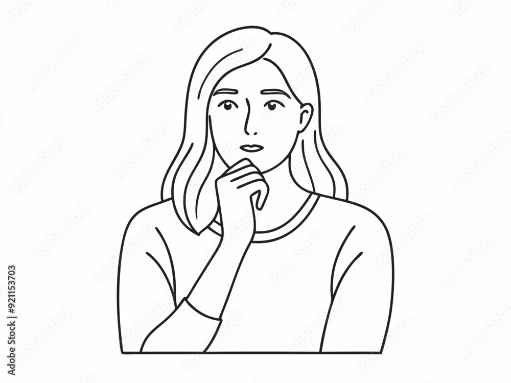 continuous single line drawing of woman in skeptical post, hand on chin, line art vector illustration
continuous single line drawing of woman in skeptical post, hand on chin, line art vector illustration