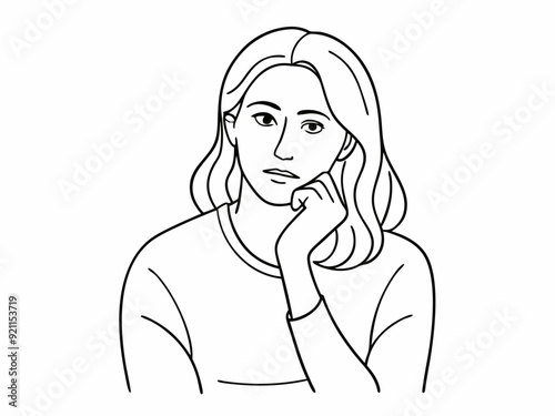 continuous single line drawing of woman in skeptical post, hand on chin, line art vector illustration 