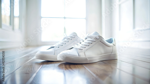 A pair of white sneakers on a pristine floor, captured with a focus on clean lines and simplicity.