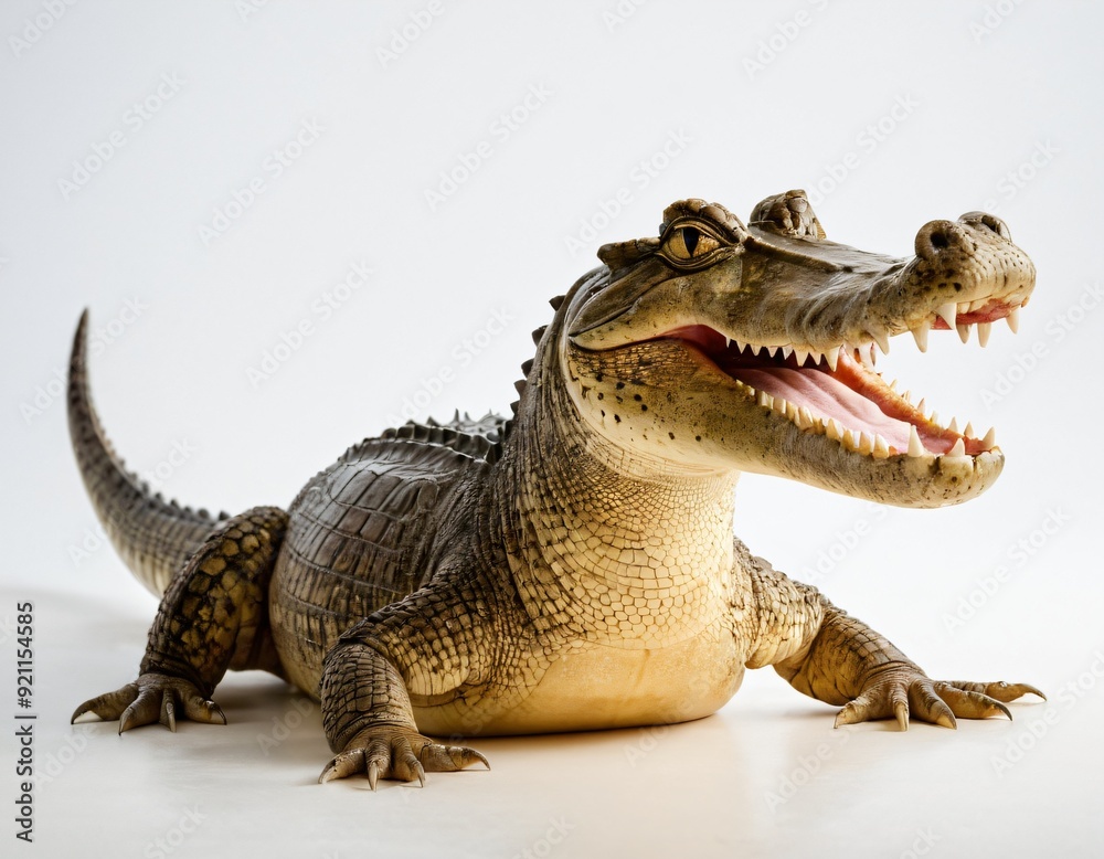 Naklejka premium A crocodile with a smiley face is sitting on a white background. The crocodile has a very cute and friendly expression. Ai generated image.