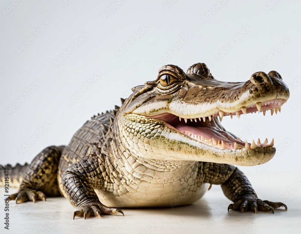 Fototapeta premium A crocodile with a smiley face is sitting on a white background. The crocodile has a very cute and friendly expression. Ai generated image.