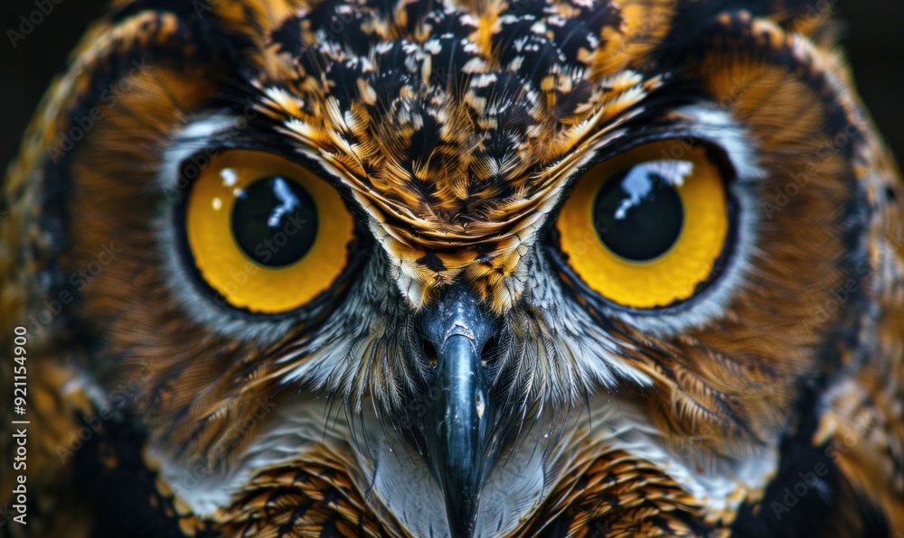 Close up of an owl s face showcasing its striking golden eyes and intricate feather patterns on a dark background Close up of an owl s face showcasing its striking golden eyes and intricate feather patterns on a dark background